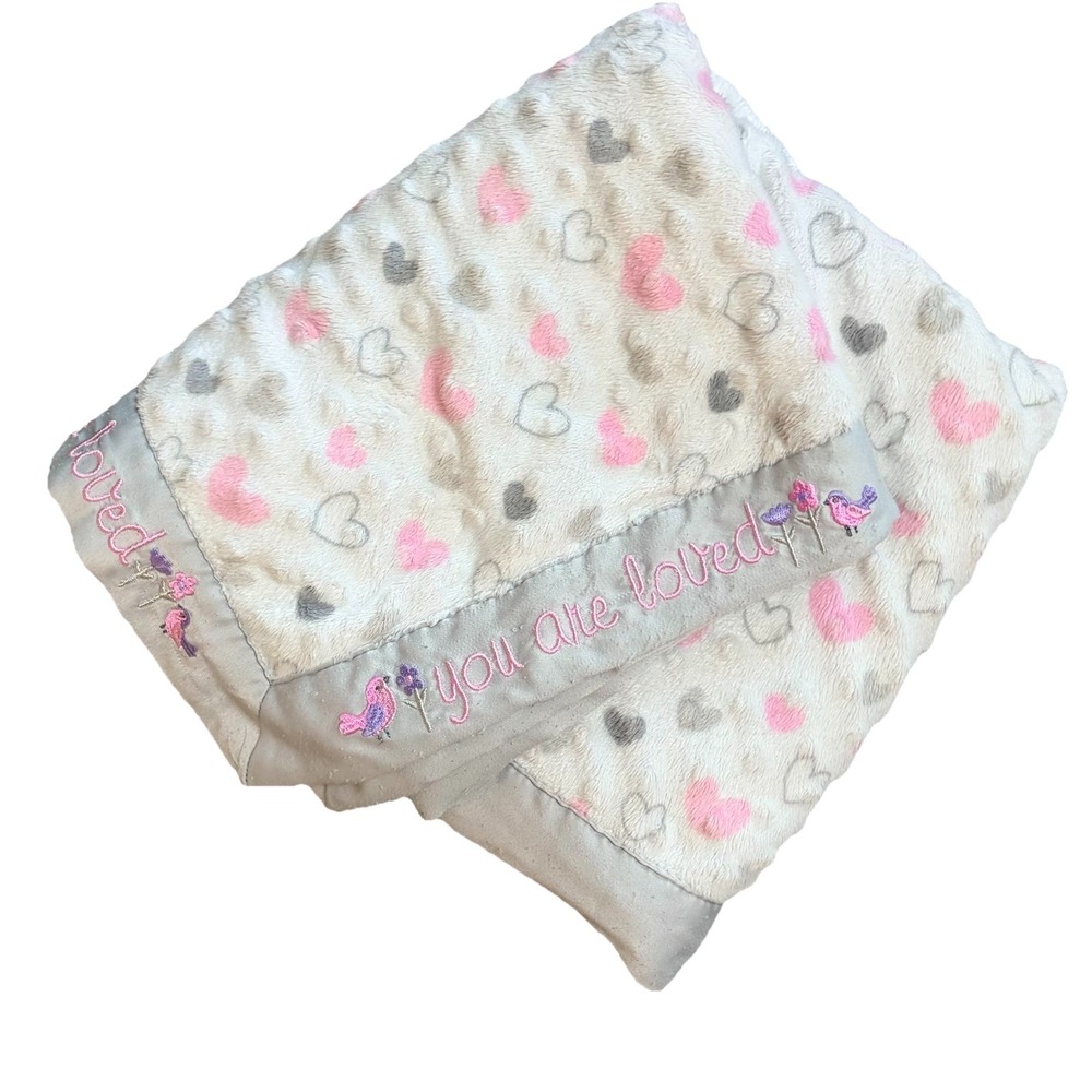 Just Born Pink Gray Heart Girls Baby Minky Satin Blanket Embroidered Flowers‎